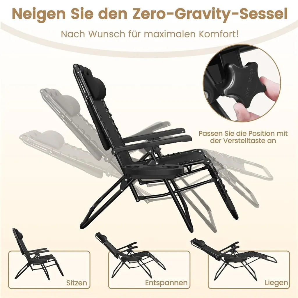 Yaheetech Zero Gravity Liegestuhl 166 x 64 x 70 cm – Sonnendach – Nackenkissen/Getränkehalter – Schwarz