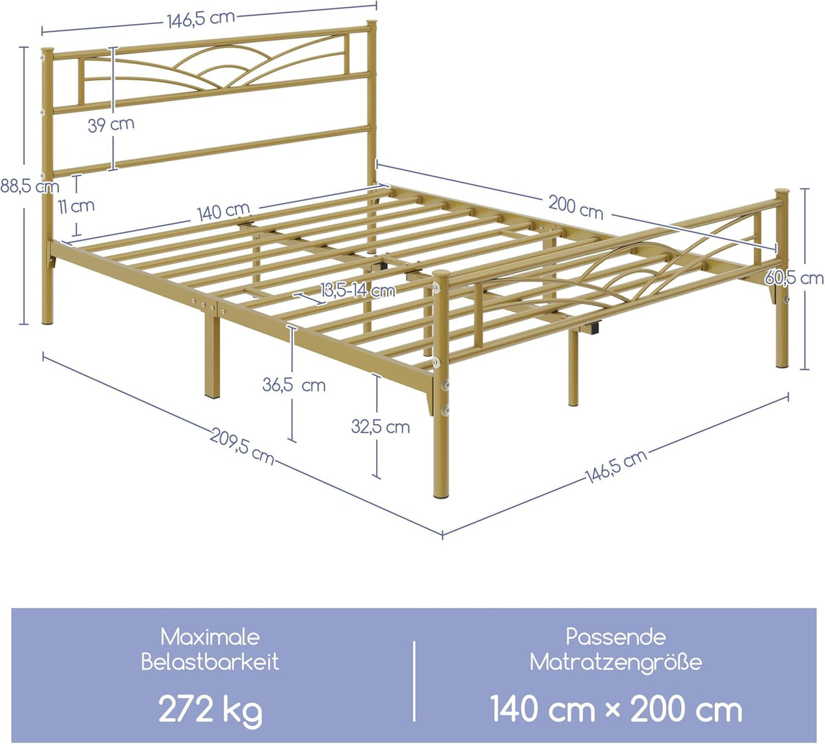 Yaheetech Metall-Bettgestell 140 x 200 cm – Antikgold – Modernes Jugendbett mit Lattenrost und großzügigem Stauraum