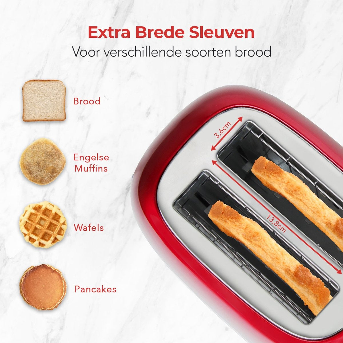 KitchenBrothers Retro-Toaster - 6 Heizstufen - 2 extra breite Schlitze - 1630W - Aufwärm- und Auftaufunktion - Rot