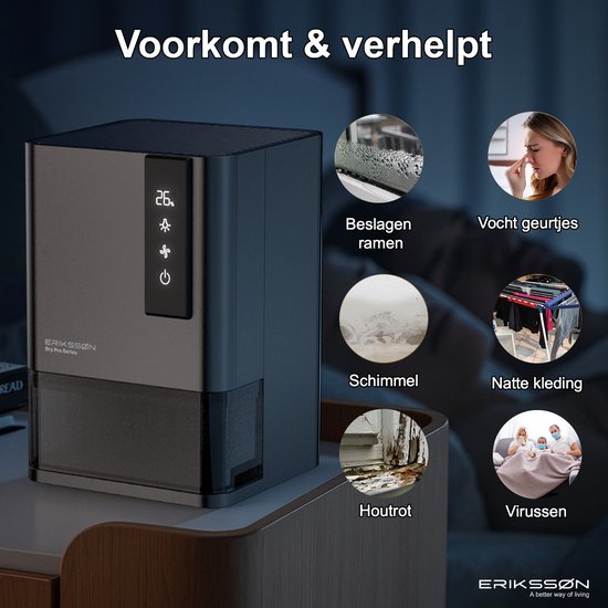Erikssøn Luftentfeuchter Dry Pro Series - Entfeuchtet bis zu 1,2 Liter pro Tag - Geeignet für Haus, Schlafzimmer und Badezimmer und Wohnzimmer und Keller - Luftentfeuchter - Schwarz