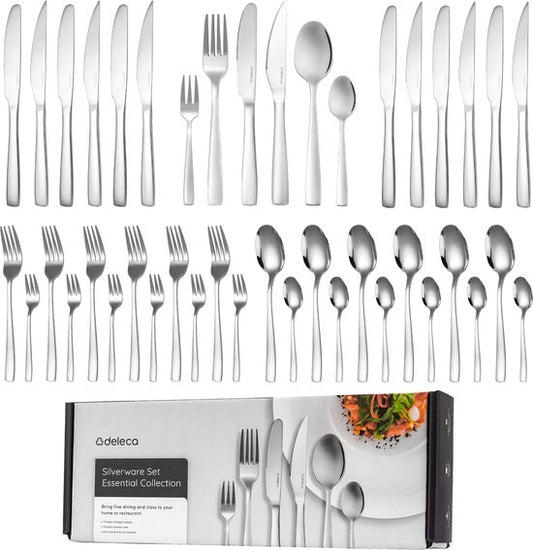 Deleca 6 Personen Besteckset Essential (36 Teile) - Löffel, Messer, Gabeln, Steakmesser & Kuchengabeln - Spülmaschinenfestes Besteck - Glänzend Silber / Edelstahl