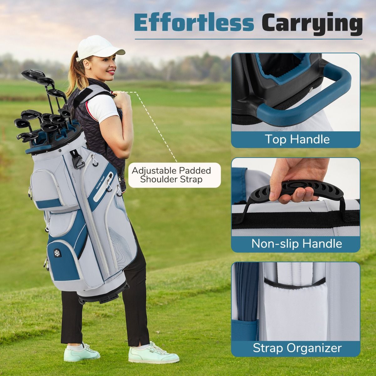 Coast Golf Bag mit 14 Fächern, 11 Taschen, Trageriemen und Regenschutz - leichte Golf Cart Bag - 34x24x90,5 cm - Marineblau