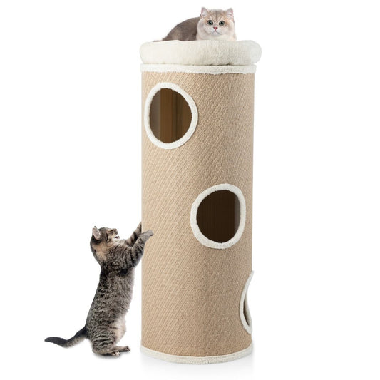 Coast Katzenhaus mit vier Etagen – Plüschbett – Sisal-Kratzbäume – Braun 43 x 43 x 113 cm