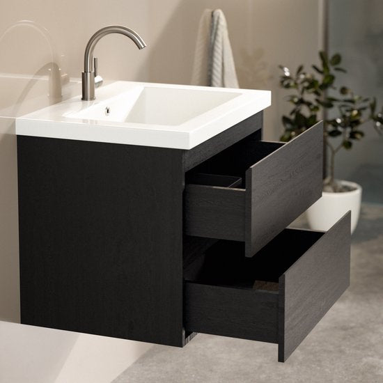 Mirlux Badezimmermöbel Schwarzeiche 60 cm – Waschbecken Weiß – Badezimmermöbel-Set – Waschtischunterschrank Schwarzeiche