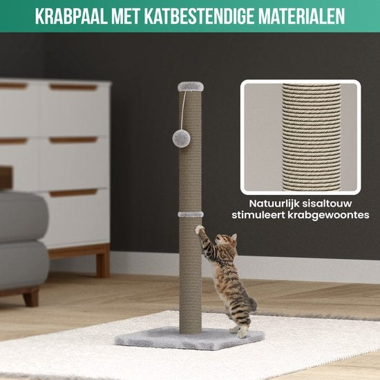 Avalo Katzenkratzbaum - Mit Spielzeugball - 36x36x74 cm - Stabil & kompakt - Hellgrau