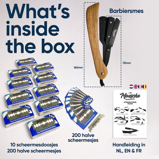 Barbiermesser mit 200 Rasierklingen - Klassisches offenes Rasiermesser - Barbiermesser - Shavette - Gerades Rasiermesser - Klauenmesser - Halsmesser - Barbiermesser