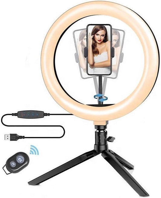 LED Ringlampe mit Stativ - TikTok Licht - 10 Dimmstufen - USB - 26 cm/10 Zoll - Schwarz