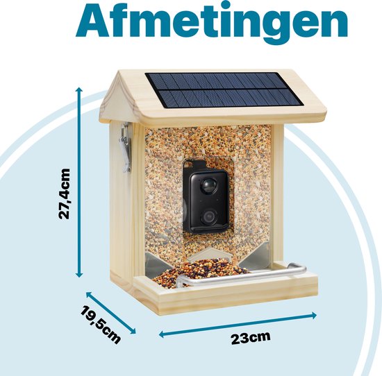BOME - Vogelfutterautomat - Kamera und Audio - AI-Vogelerkennung - Holz - Doppeltes Solarmodul - Hängend