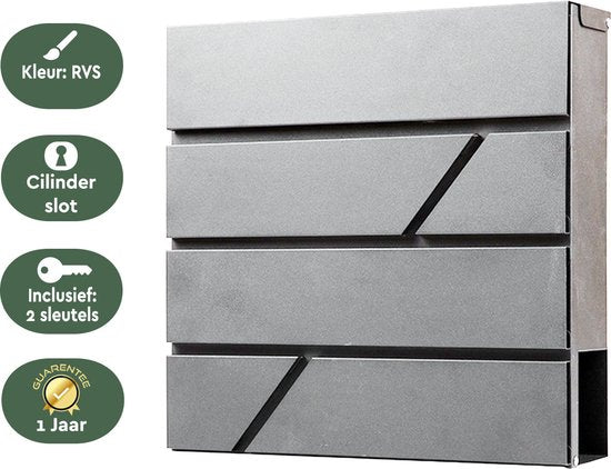 BRASQ Hängebriefkasten Grau Deluxe - Wandbriefkasten mit Schloss und Zeitungsfach - Inkl. Befestigungsmaterial & 2 Schlüssel - Briefkasten - Briefkasten - Edelstahl