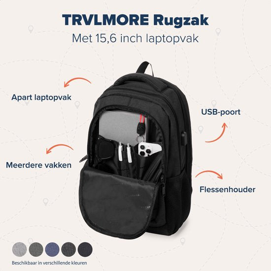 TRVLMORE Rucksack mit Lifetime - Rucksack mit 15.6 Zoll Laptopfach - Schultasche - Spritzwassergeschützt - Männer und Frauen - Jungen und Mädchen - 28L - Schwarz
