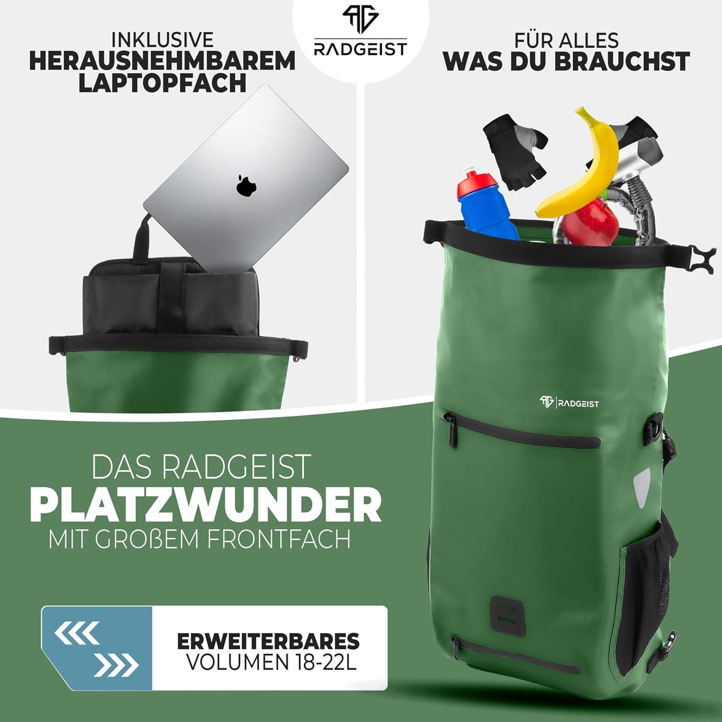 RADGEIST 3in1 Fahrradtasche für Gepäckträger I Fahrradtasche, Rucksack & Umhängetasche 18-22L I Tasche für Fahrrad 100% wasserdicht grün