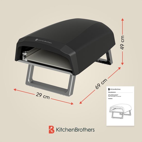 KitchenBrothers Pizzaofen - Gas - Tischplatte - faltbar - Pizzastein - Doppelbrenner - Outdoor-Pizzaofen - schwarz/grau - Vatertagsgeschenk