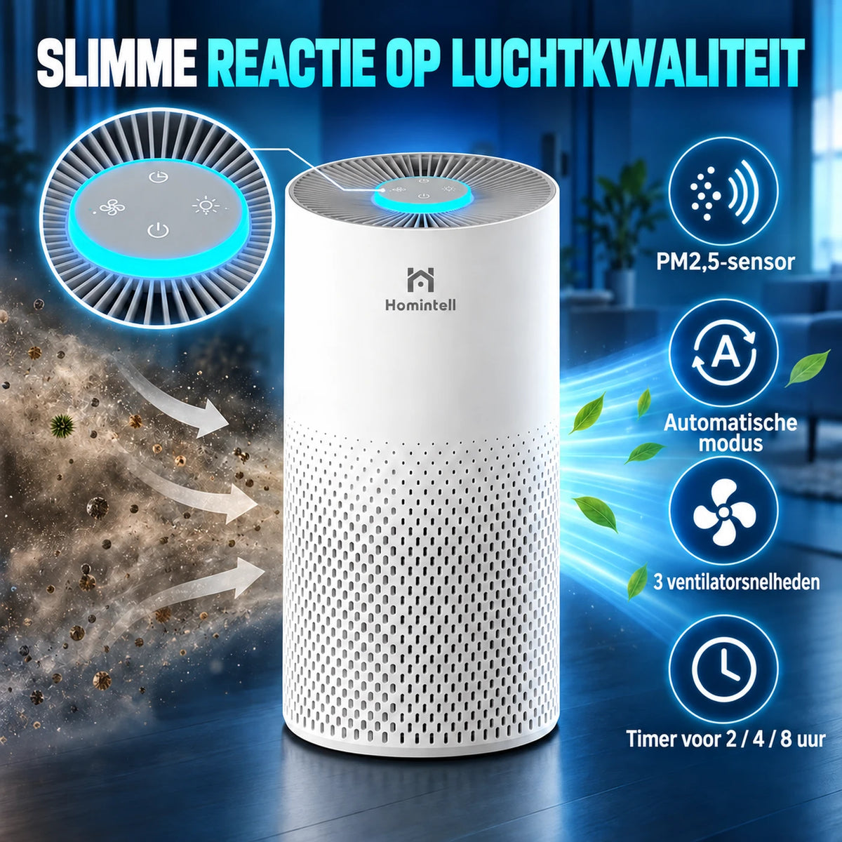 Homintell Kilo Luftreiniger – HEPA H11 & Aktivkohle – 130 m³/h – 16 m² – 3 Geschwindigkeitsstufen – PM2,5-Sensor – Touch-Bedienung – 195 × 195 × 388 mm