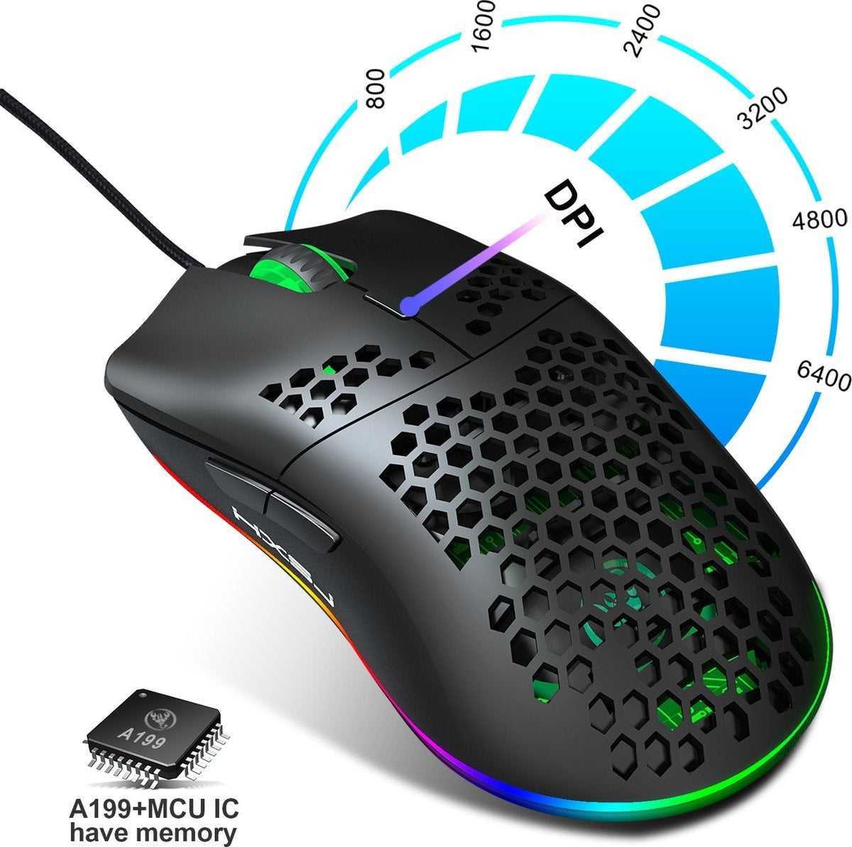 HXSJ J900 Optische Gaming-Maus - Ultraleicht - RGB-Beleuchtung - 6400 DPI - Schwarz