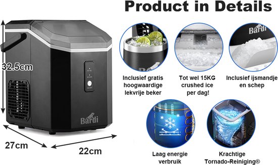 Bardi 1,1 l – Nugget-Eismaschine Square – Crushed-Ice-Maschine mit Eislöffel – 15 kg/24 Stunden – Eiswürfelmaschine – Mit luxuriösem Thermobecher – Schwarz