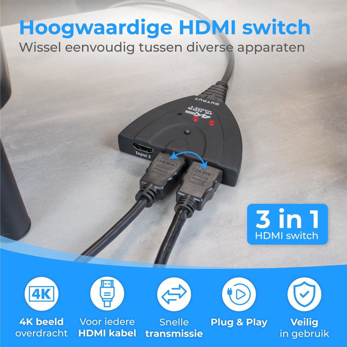 Nuvance HDMI-Umschalter - 3 Eingänge, 4K 60Hz-Unterstützung - 60 cm - Schwarz