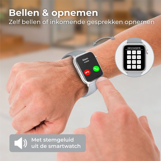 Nuvance - Smartwatch für Männer und Frauen mit Bluetooth - 45mm - Geeignet für alle Smartphones - Schrittzähler und Pulsmesser - Wasserdicht - Grau