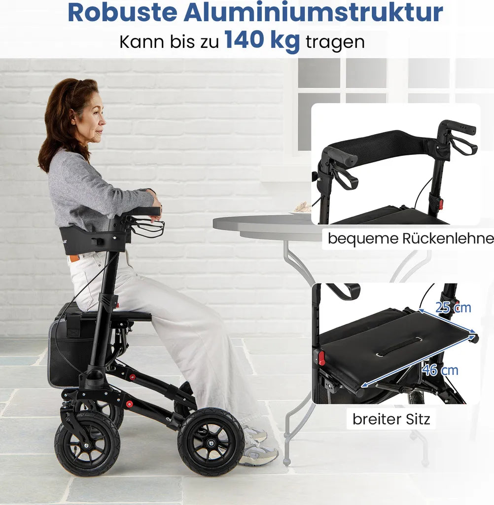 Coast Faltbarer Rollator Schwarz - 2-in-1-Reiserollator mit Sitz und Luftbereifung - 62 x 82 x 81,5-97 cm