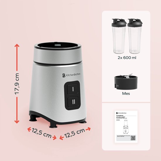 KitchenBrothers Mini Mixer - Mixer zum Mitnehmen - 2 Ständer - Smoothie Maker - 2 To-Go Becher 600 ml - Schwarz