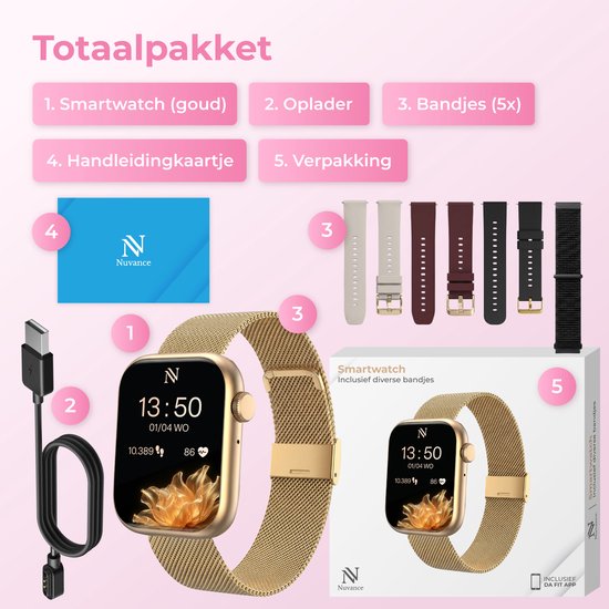 Nuvance Smartwatch für Damen – Schrittzähler-Uhr für Damen – Herzfrequenzmesser – Sportuhr – Kompatibel mit iOS/Android – AMOLED – Inkl. 5 Armbänder – Gold