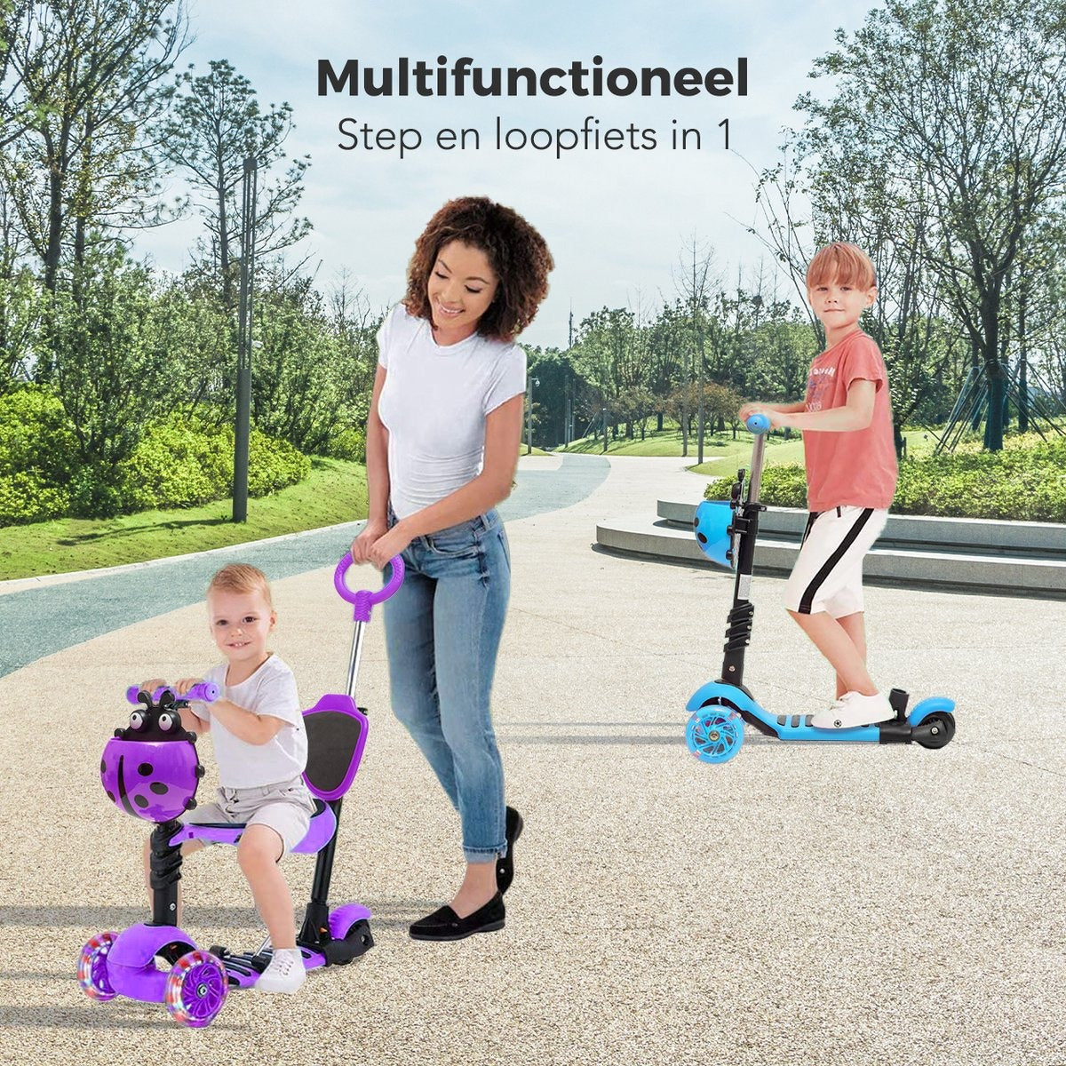 LifeGoods MultiRider - Kinderroller mit Schiebestange - 3 -8 Jahre - Jungen/Mädchen - 3 leuchtende Räder - Lila
