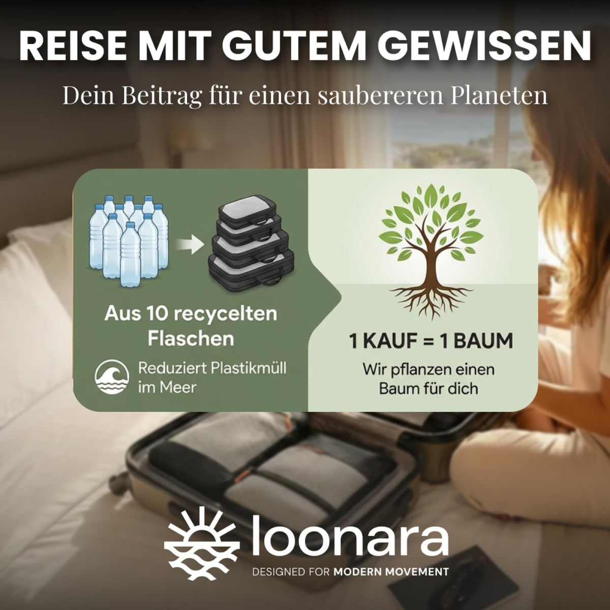 LOONARA Travel Kompressions-Packwürfel, 3er-Set – Koffer-Organizer – Kompression – recyceltes Material