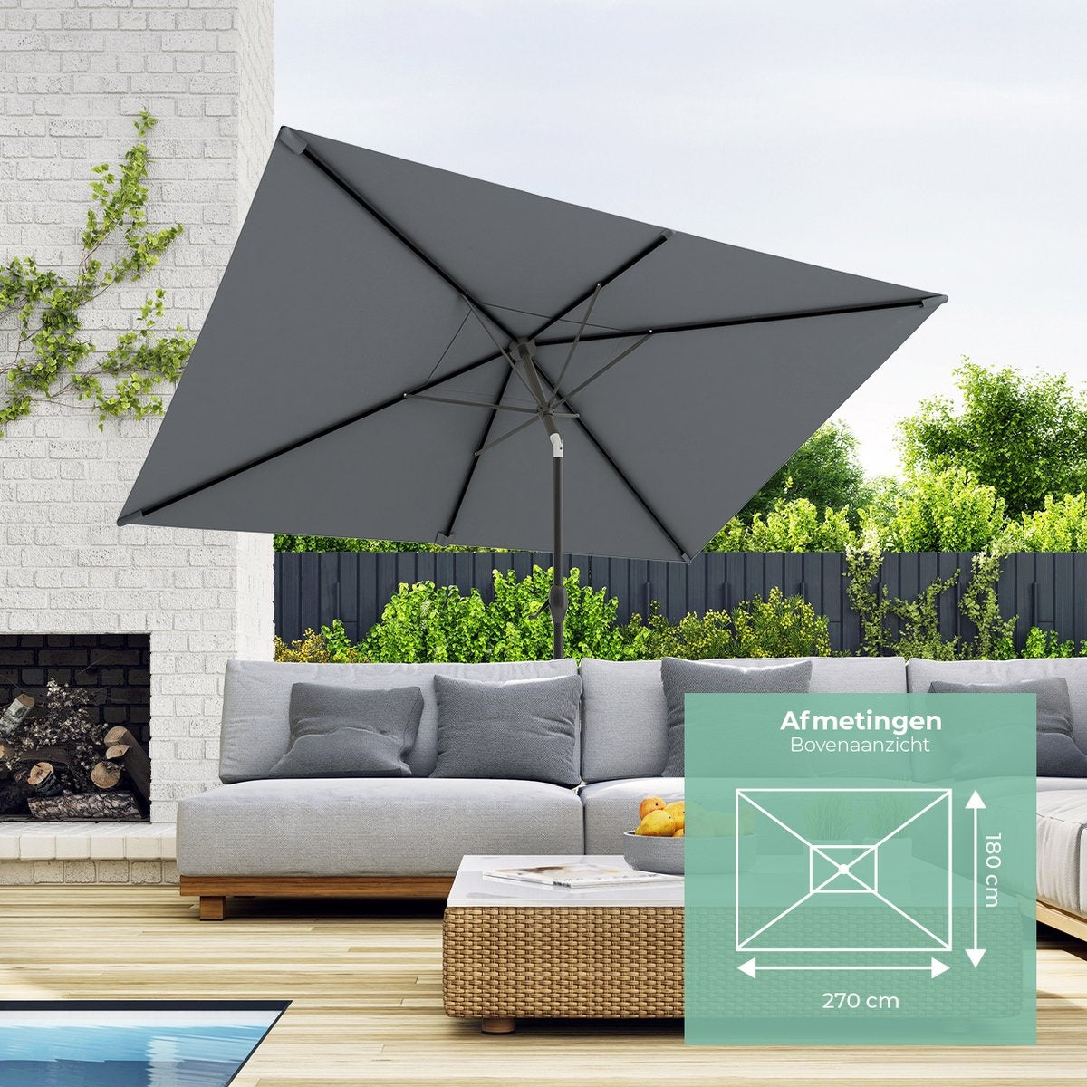 LifeGoods - Rechteckiger Sonnenschirm mit Bezug - 30° neigbar - Wasserdicht - 270x180cm - Dunkelgrau