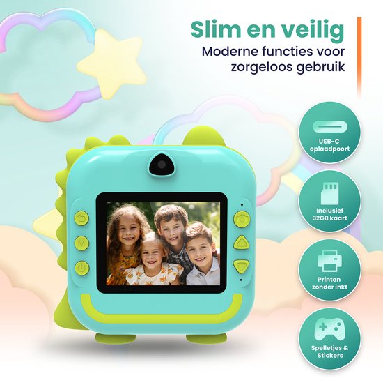 ODESSEY Kinderkamera mit Drucker - Full HD - Selfie-Kamera - 32GB SD-Karte - Foto - Video - Spiele - Digitalkamera Kinder - Fotokamera für Kinder - Dino