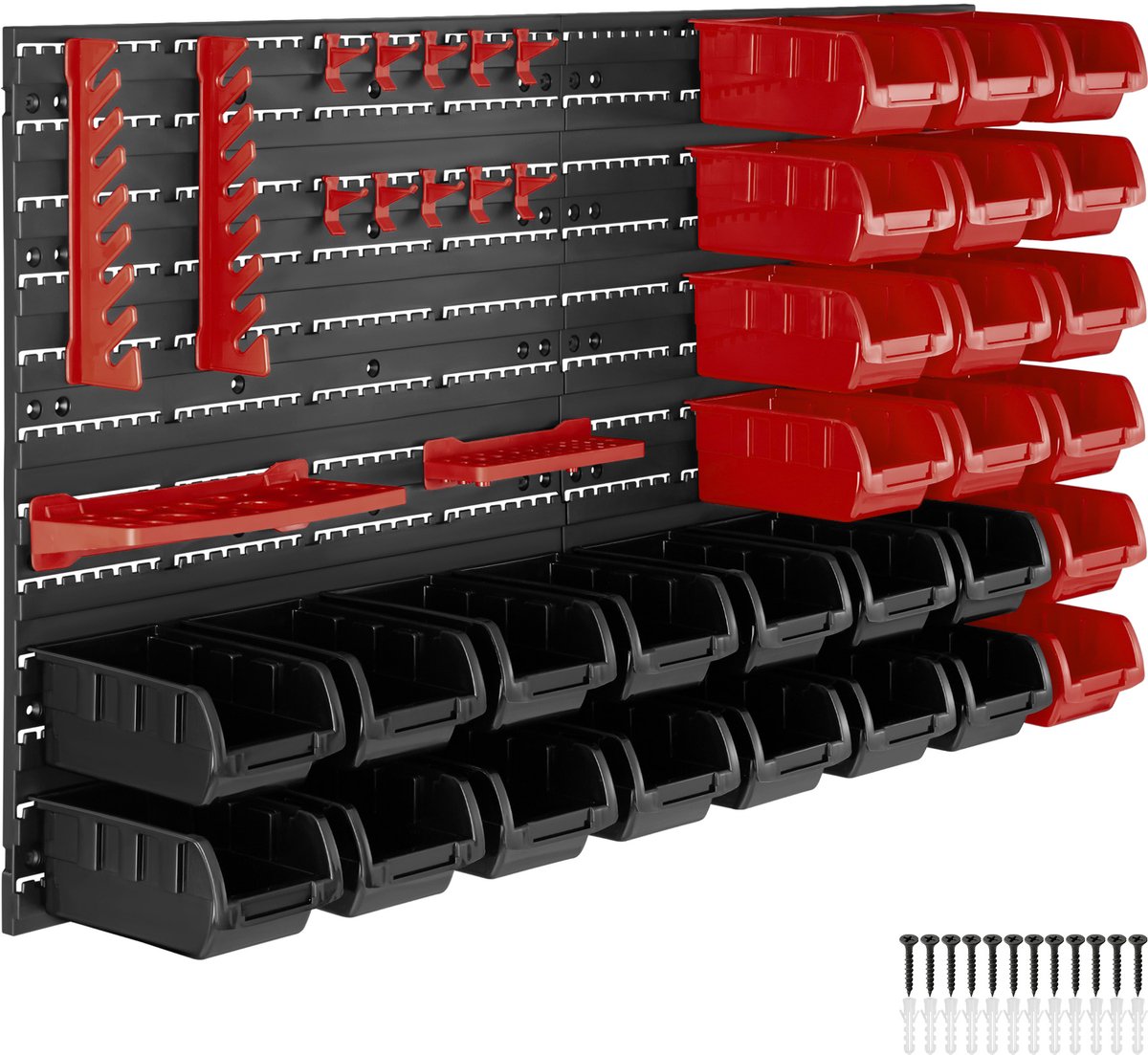 tectake Werkstatt-Werkzeugwand - 96x17x54 cm - Schwarz/Rot - 28 Aufbewahrungskästen & Wandhalterungen