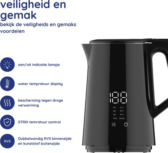 Safecourt Kitchen - Smart Wasserkocher - Warmhaltefunktion - 5 Temperatureinstellungen - 1,7 L - Schwarz