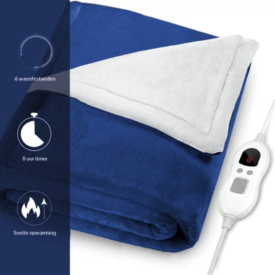 Elektrische Fleece-Heizdecke - 1/2 Person kariert/Sherpa - 180x130 cm Kuscheldecke - Waschmaschinenfest - Couverture chauffante - 6 Heizstufen - Blau