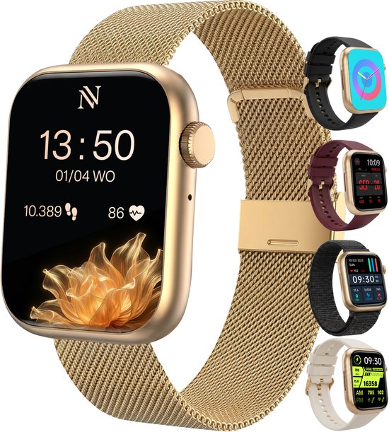 Nuvance Smartwatch für Damen – Schrittzähler-Uhr für Damen – Herzfrequenzmesser – Sportuhr – Kompatibel mit iOS/Android – AMOLED – Inkl. 5 Armbänder – Gold