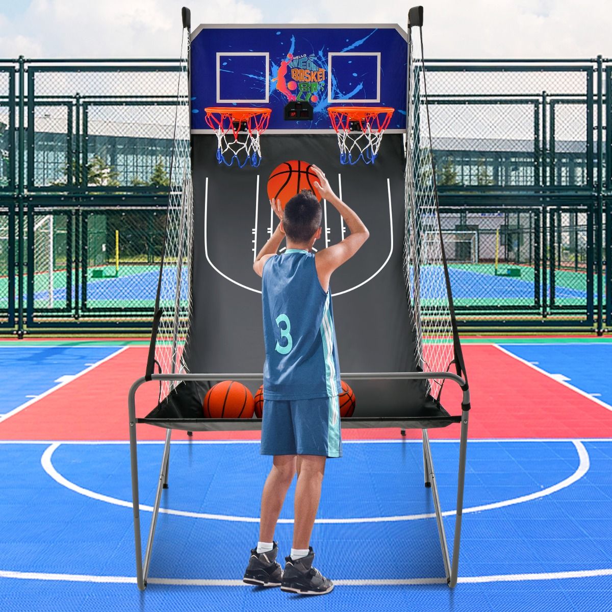 Coast Elektronisches Basketballspiel für drinnen – Doppelwurf – Automatische Punkteanzeige – Dunkelblau + Schwarz