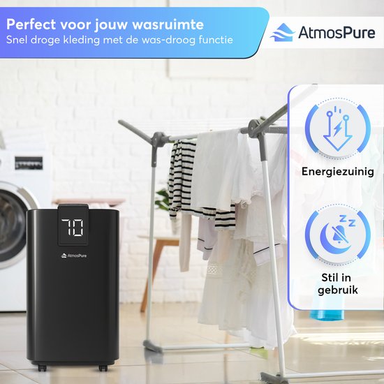 AtmosPure® Luftentfeuchter AirDry Elite - 12 l pro Tag - Waschtrockenfunktion - Luftreiniger perfekt für Waschküche, Bad, Wohnzimmer und Keller - Schwarz - Luftentfeuchter