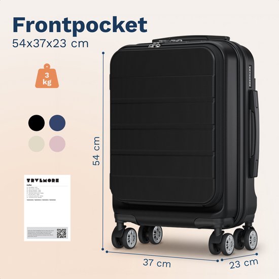 TRVLMORE Handgepäckkoffer 44 l mit Frontfach – TSA-Schloss – USB-Anschluss – Schwarz