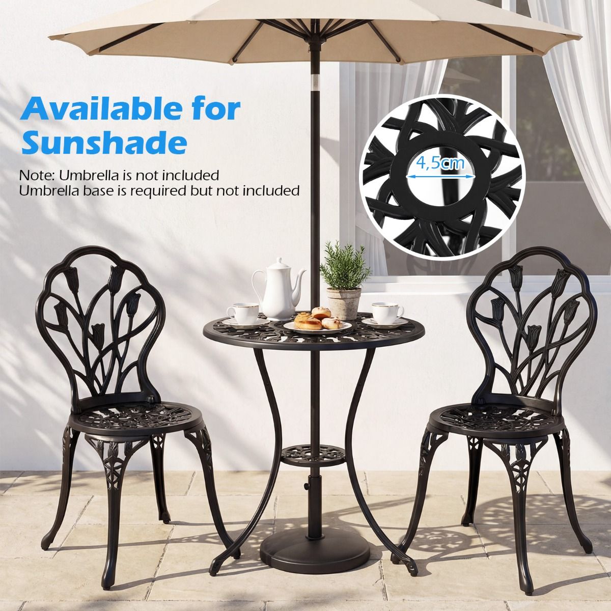 Coast-Gartenset aus Aluminiumguss – 3-teilig – mit Sonnenschirmloch – schwarz