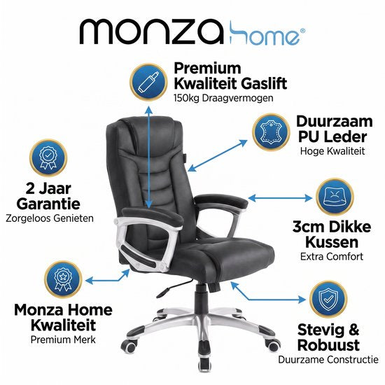 Monza Home® Bürostuhl Schwarz – Ergonomischer Bürostuhl – PU-Leder – Verstellbar – 150 kg Tragkraft – Luxuriöser Chefsessel