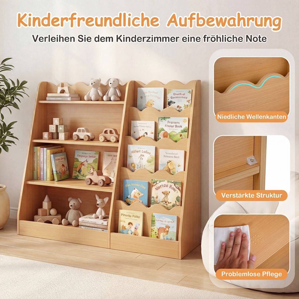Coast Kinderbücherregal – 4 offene Fächer – verstecktes Staufach – Holz – naturfarben