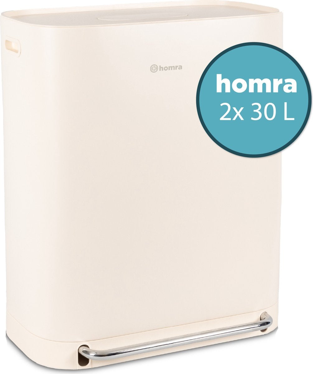 Homra Rockx Mülleimer 60 Liter - Duo-Treteimer 2X30L mit Geruchsfilter - Edelstahl Mülltrennung Mülleimer 2 Fächer - Recycling Mülleimer - Mülleimer Küche Mülltrennung - Abfalleimer - Doppelmülleimer Weiß Creme