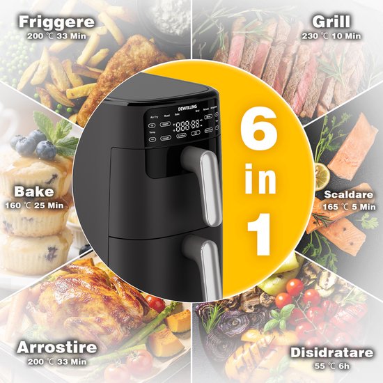 Heißluftfritteuse mit zwei Ebenen – 2700 W, kraftvolles fettfreies Frittieren – 10 l Heißluftfritteuse mit zwei Einschüben und vertikaler Bauweise spart 50 % Platz – 6 Programme – Großes Fassungsvermögen für den Heimgebrauch – Inklusive Rezeptbuch