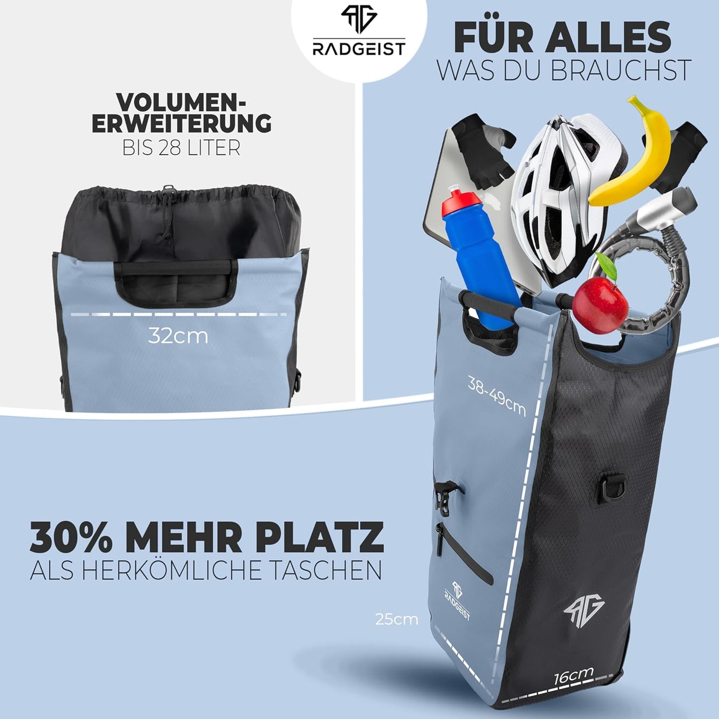 RADGEIST Fahrradtasche für Gepäckträger I Fahrradtasche Shopper mit herausnehmbarer Kühltasche I Einkaufstasche & Einkaufstasche 22-28 Liter - blau