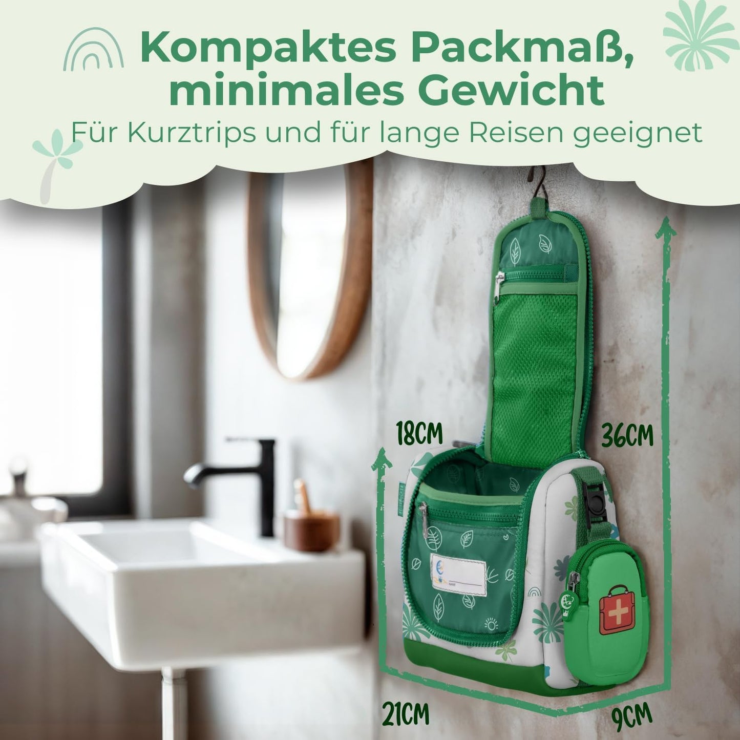 REISERACKER Kulturbeutel für Kinder - 21 x 9 x 18 cm - grün