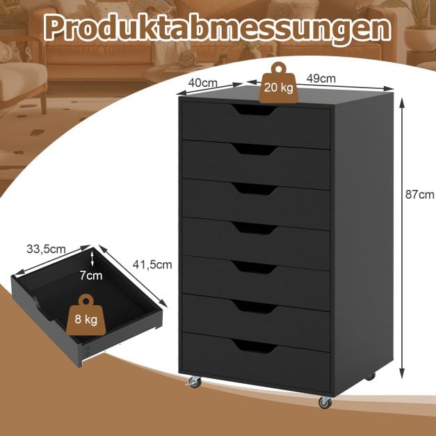 Coast Kommode mit 7 Schubladen und Rollen – Schwarz – 49 x 40 x 87 cm