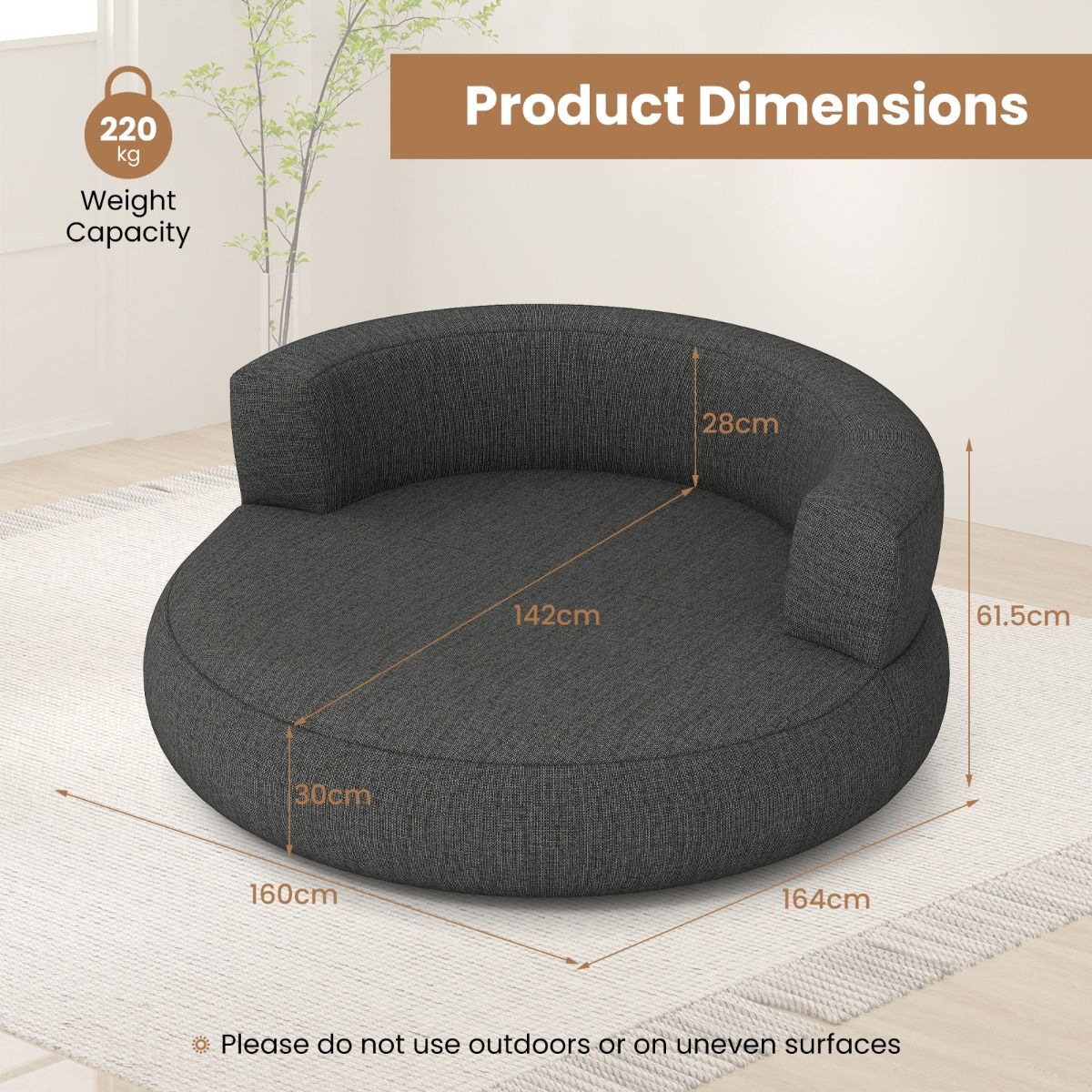 Coast Aufblasbare Couch – ergonomisches Design – abnehmbarer Bezug – grau – 160 x 164 x 61 cm