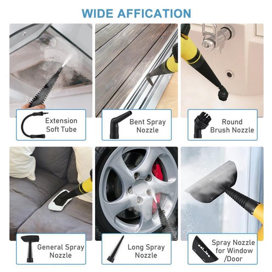 Fuegobird A001 Handdampfreiniger – 1000 W Handdampfreiniger – Fleckenentferner – Teppichreiniger – 9 Aufsätze – Fußböden, Sofa, Teppich, Bad & Küche – 450 ml Tank – Gelb