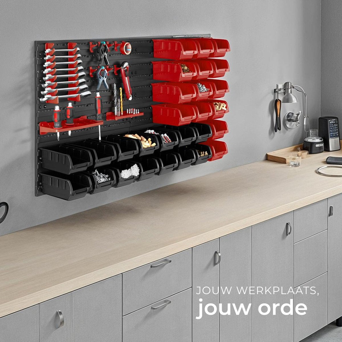 tectake Werkstatt-Werkzeugwand - 96x17x54 cm - Schwarz/Rot - 28 Aufbewahrungskästen & Wandhalterungen