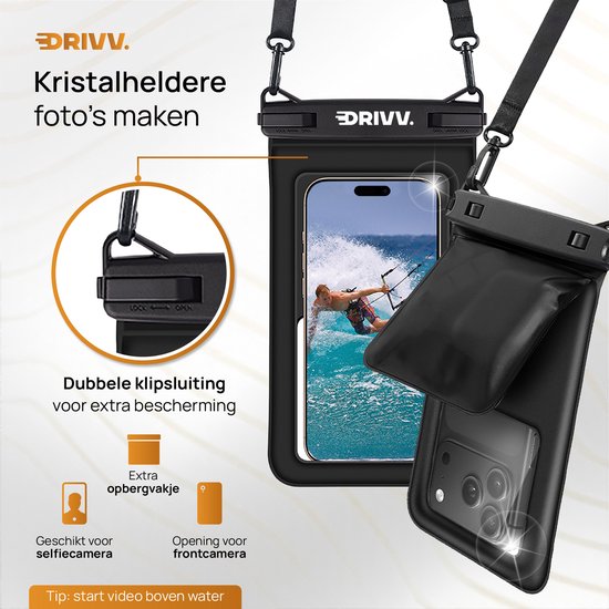 Drivv Luxe wasserdichte 2-in-1-Handyhülle – schwimmfähig – mit doppeltem Clipverschluss – für Handys bis zu 7 Zoll – schwarz