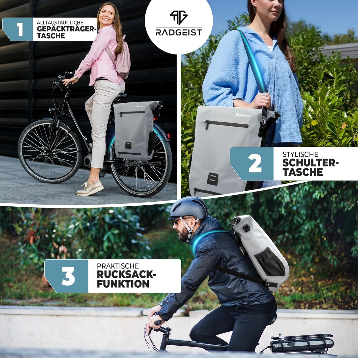 RADGEIST 3in1 Fahrradtasche für Gepäckträger I Fahrradtasche, Rucksack & Umhängetasche 18-22L I Tasche für Fahrrad 100% wasserdicht grau