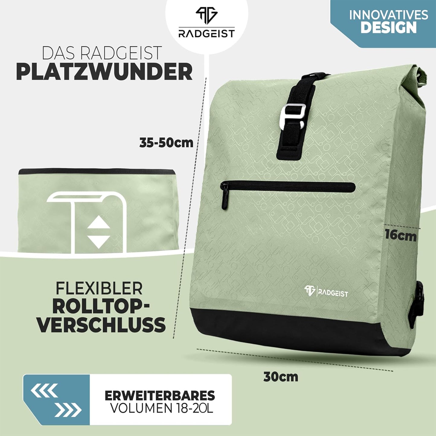 RADGEIST Fahrradtasche für Gepäckträger - Fahrradtasche & Rucksack - Für Frauen & Männer - 20L - Mint