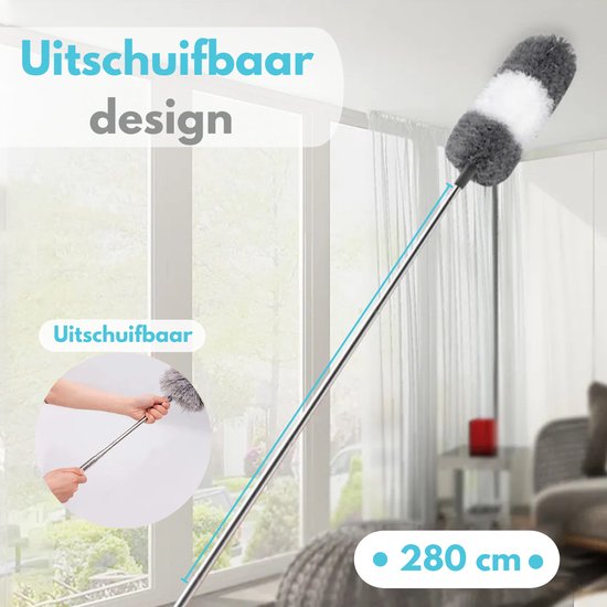 VAIVE Kehrschaufel ausziehbar auf 280 cm - Wutkugel mit Teleskopstiel - Staubwedel - Staubtuch - waschbar und drehbar - 3 Aufsätze